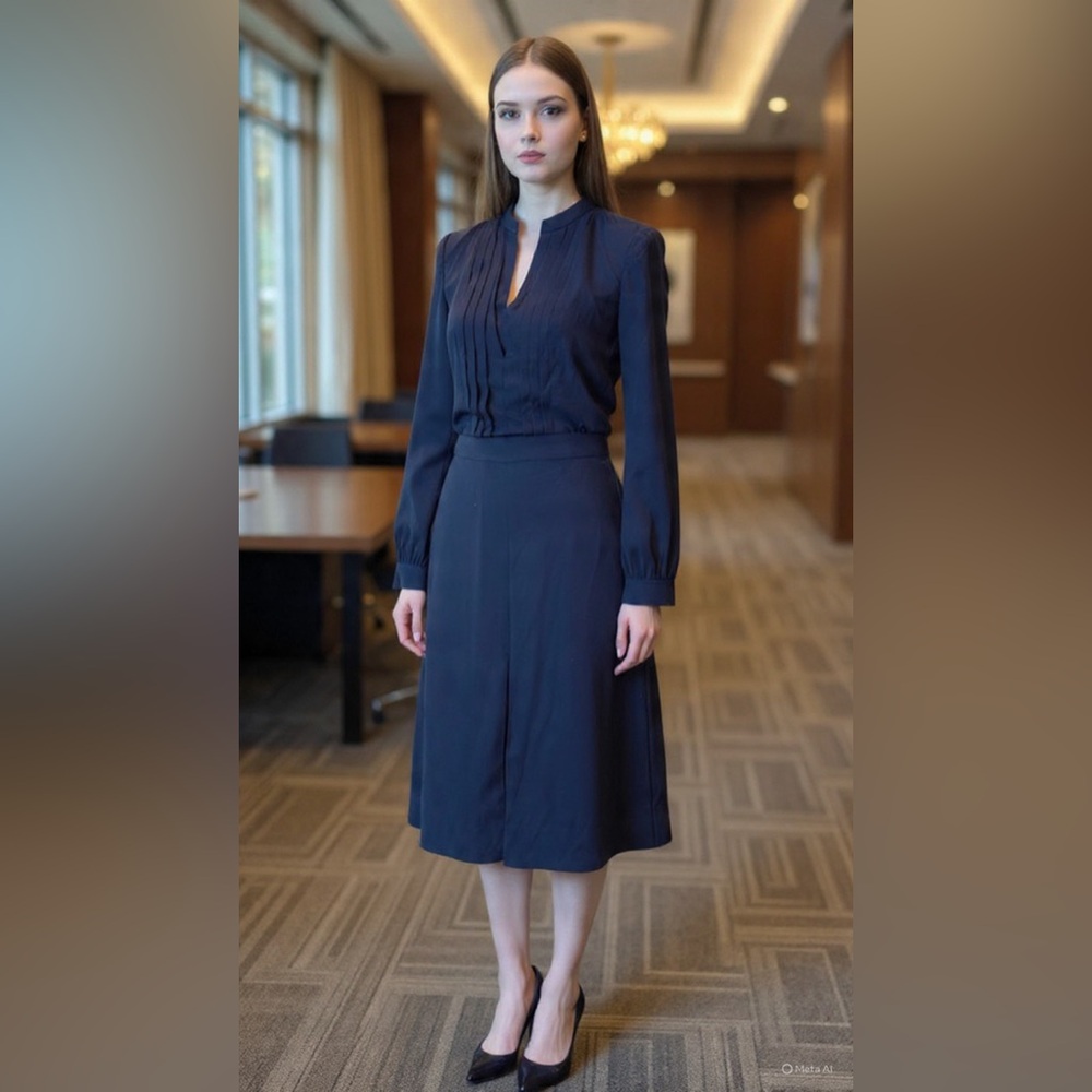 Tory Burch V-Neck Pleated Midi Dress | Navy Long Sleeve | Size 2